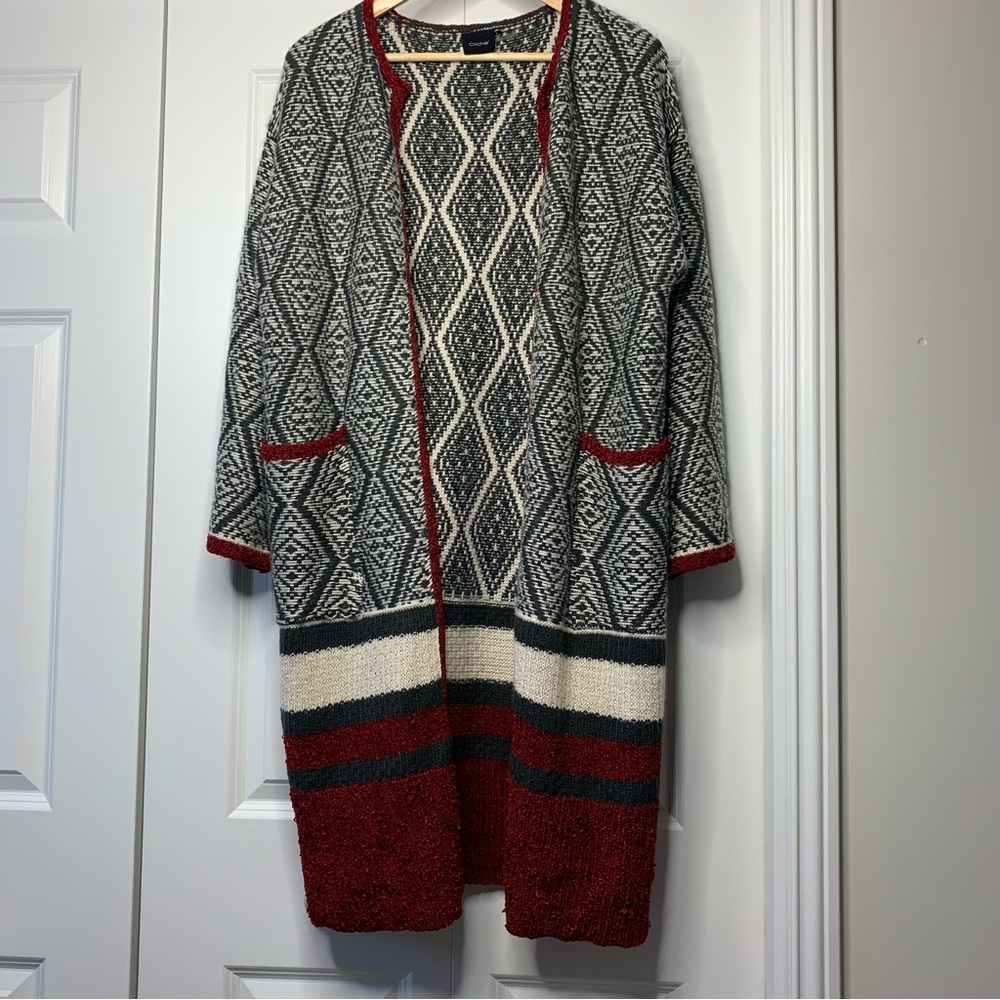 Cliché Houndstooth long Open Front cardigan Grey Red Trim Women’s Size US L